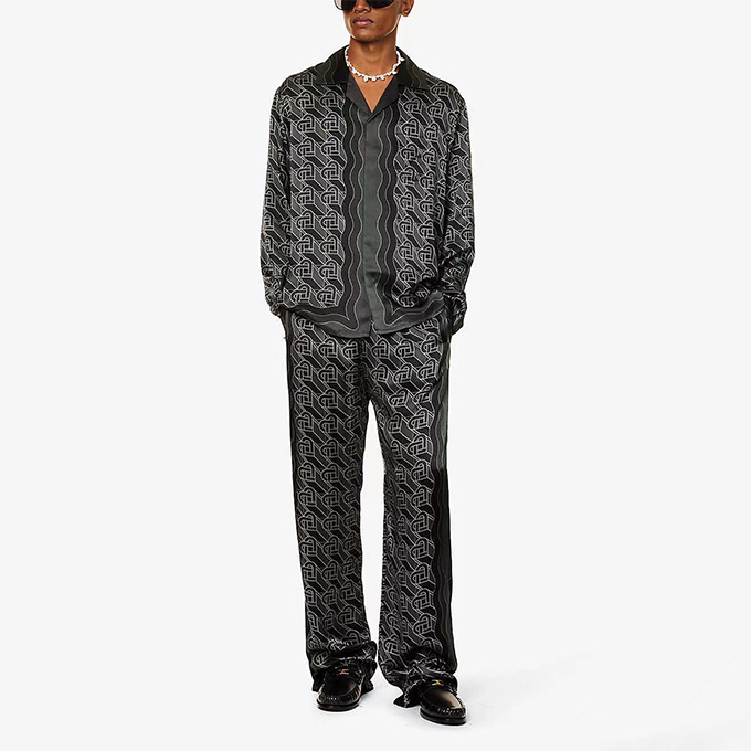 casablanca black heart print silk long sleeve shirt & wide leg pants